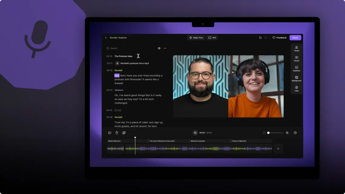 Computer screen showing podcast editing software with a video call of two people and an audio waveform timeline beneath.